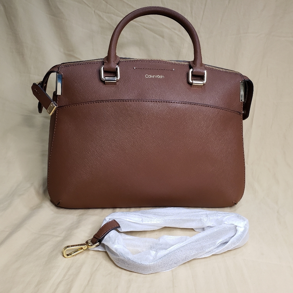 Calvin Klein Raelynn Saffiano Leather Top Zip Satchel